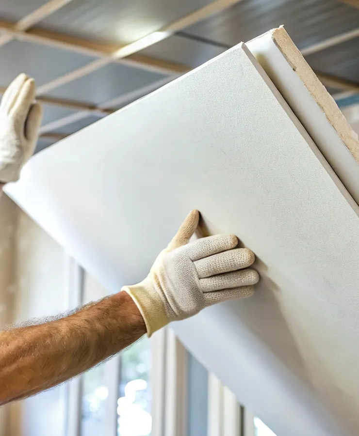 Person wearing white gloves installing a large drywall panel indoors.