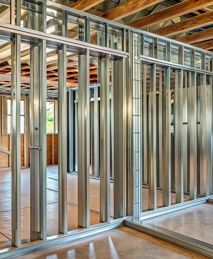 Interior view of a building under construction with exposed steel framing and wooden ceiling beams.
