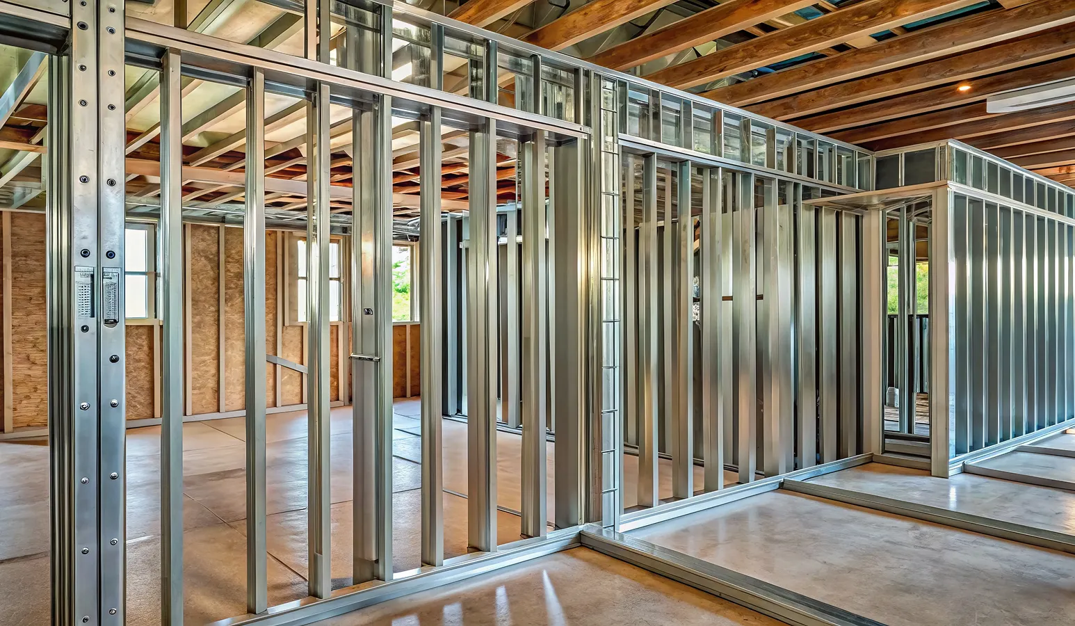 Interior of a building under construction showing metal wall framing and exposed wooden ceiling beams.