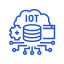 Blue icon of a cloud connected to a hand holding a chip labeled IoT for internet of things.