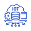 Blue icon of a cloud connected to a hand holding a chip labeled IoT for internet of things.