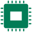 Icon of a microchip with pins extending symmetrically around its square body.