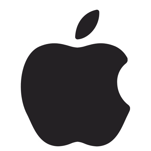 Apple Inc. logo silhouette with a bite taken from the right side and a single leaf on top, shown in black on a white background.