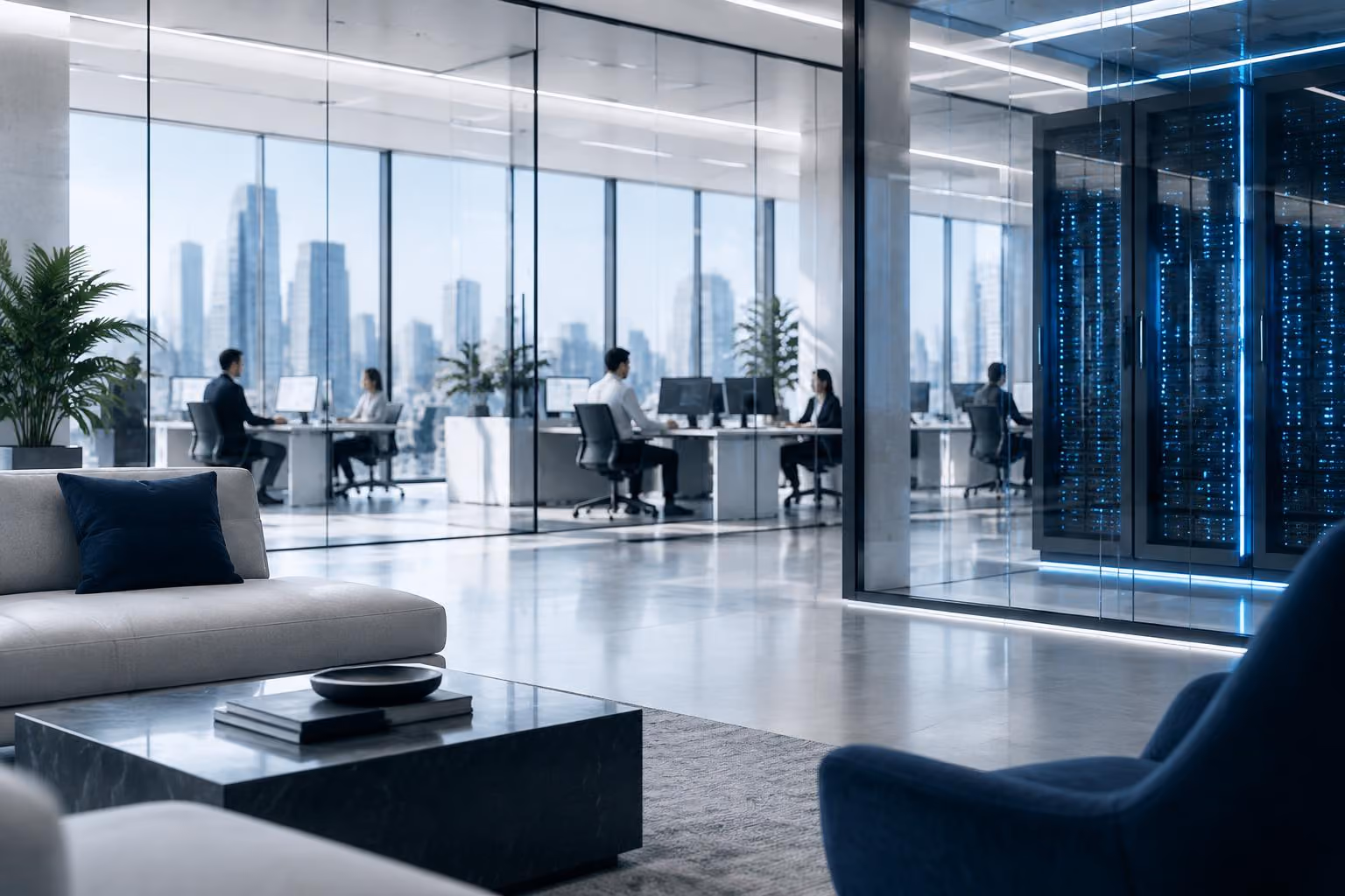 Modern enterprise workspace with secure server infrastructure