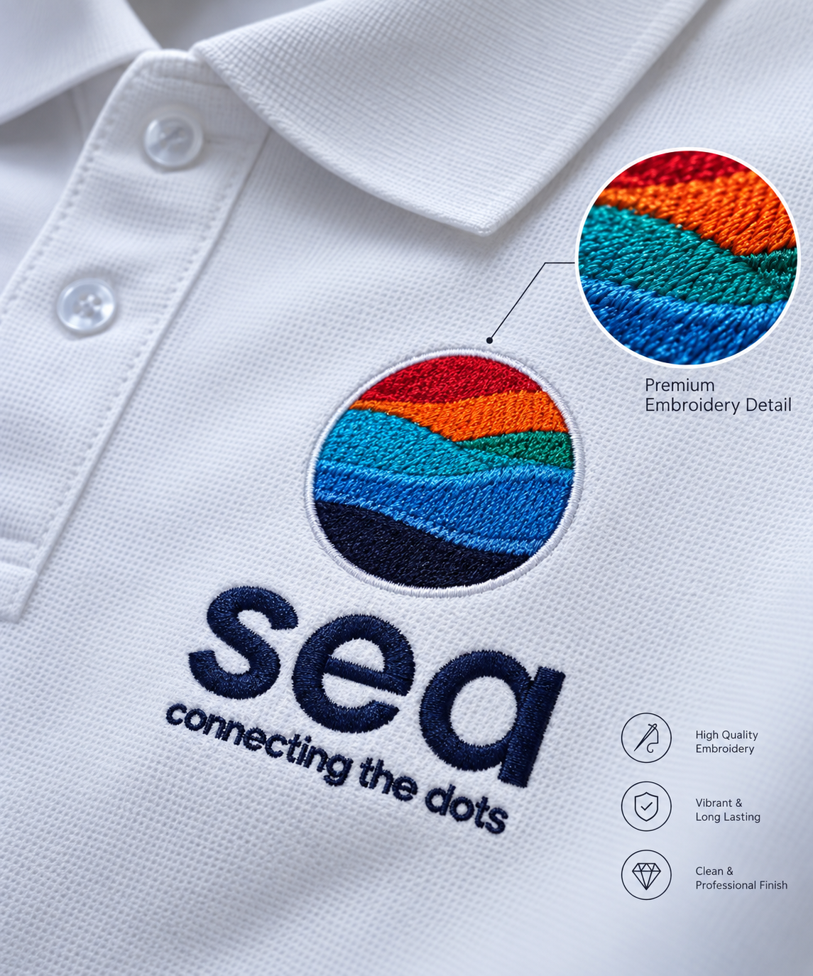 Close-up of an embroidered SEA logo on a white polo shirt