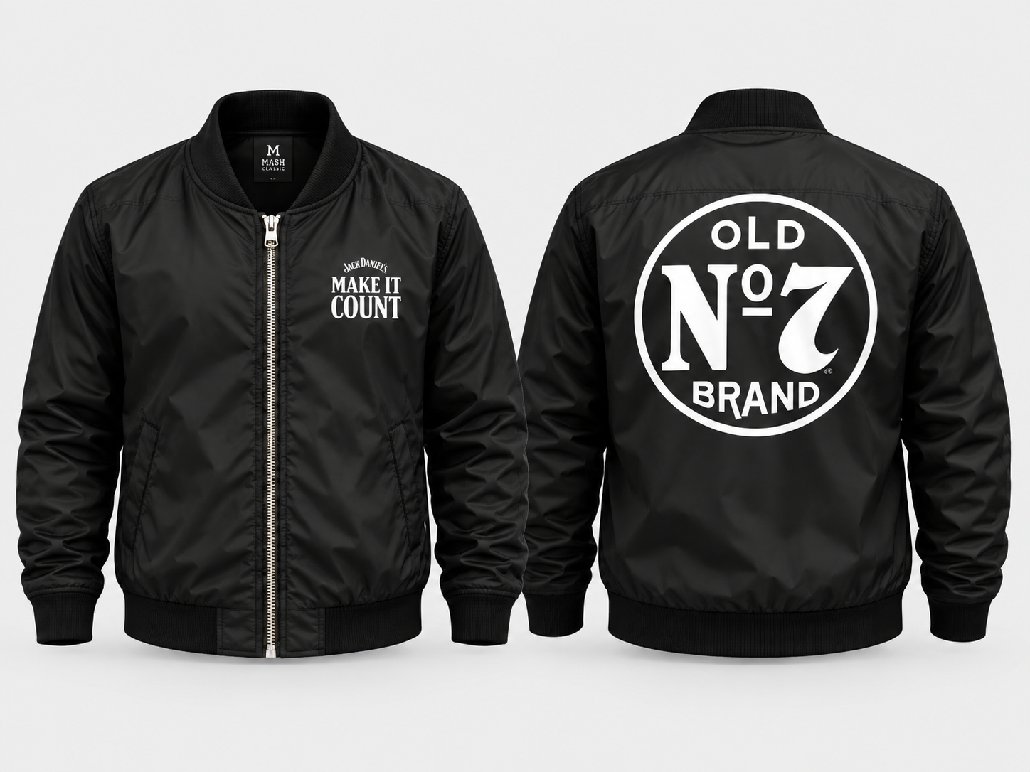 Front and back of a black branded bomber jacket