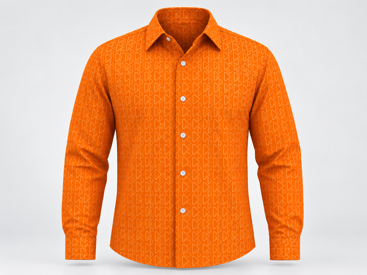 Orange long-sleeve batik shirt with a repeating geometric pattern