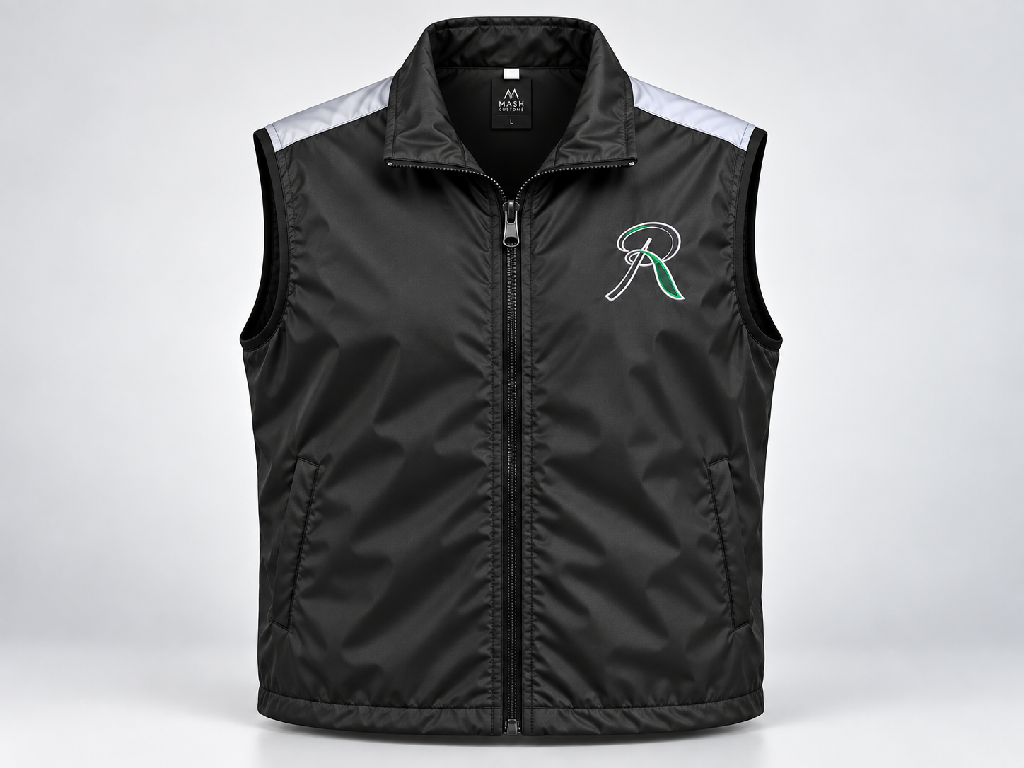 Black sleeveless zip-up vest with chest branding