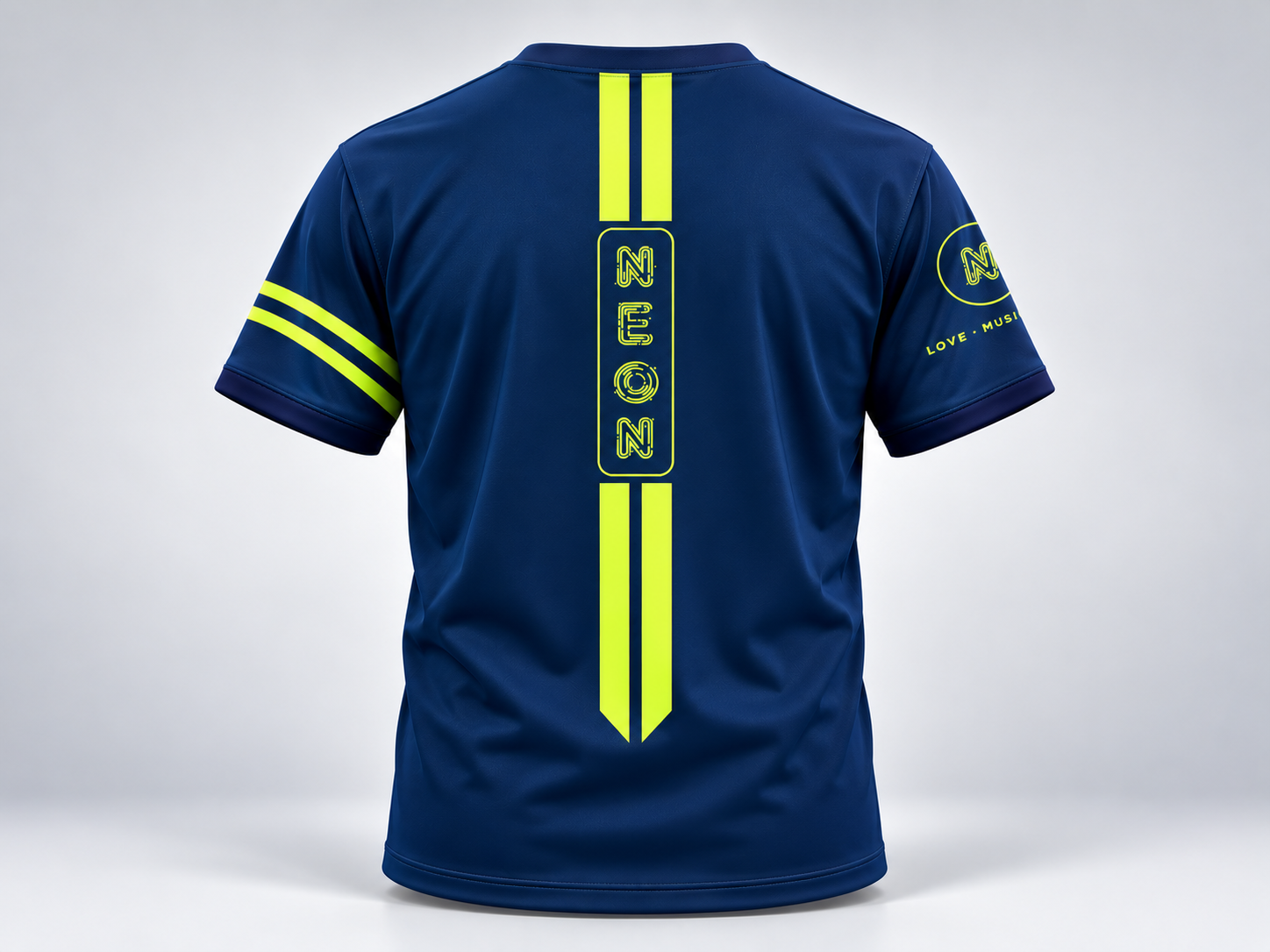 Navy round-neck shirt with neon yellow back and sleeve graphics