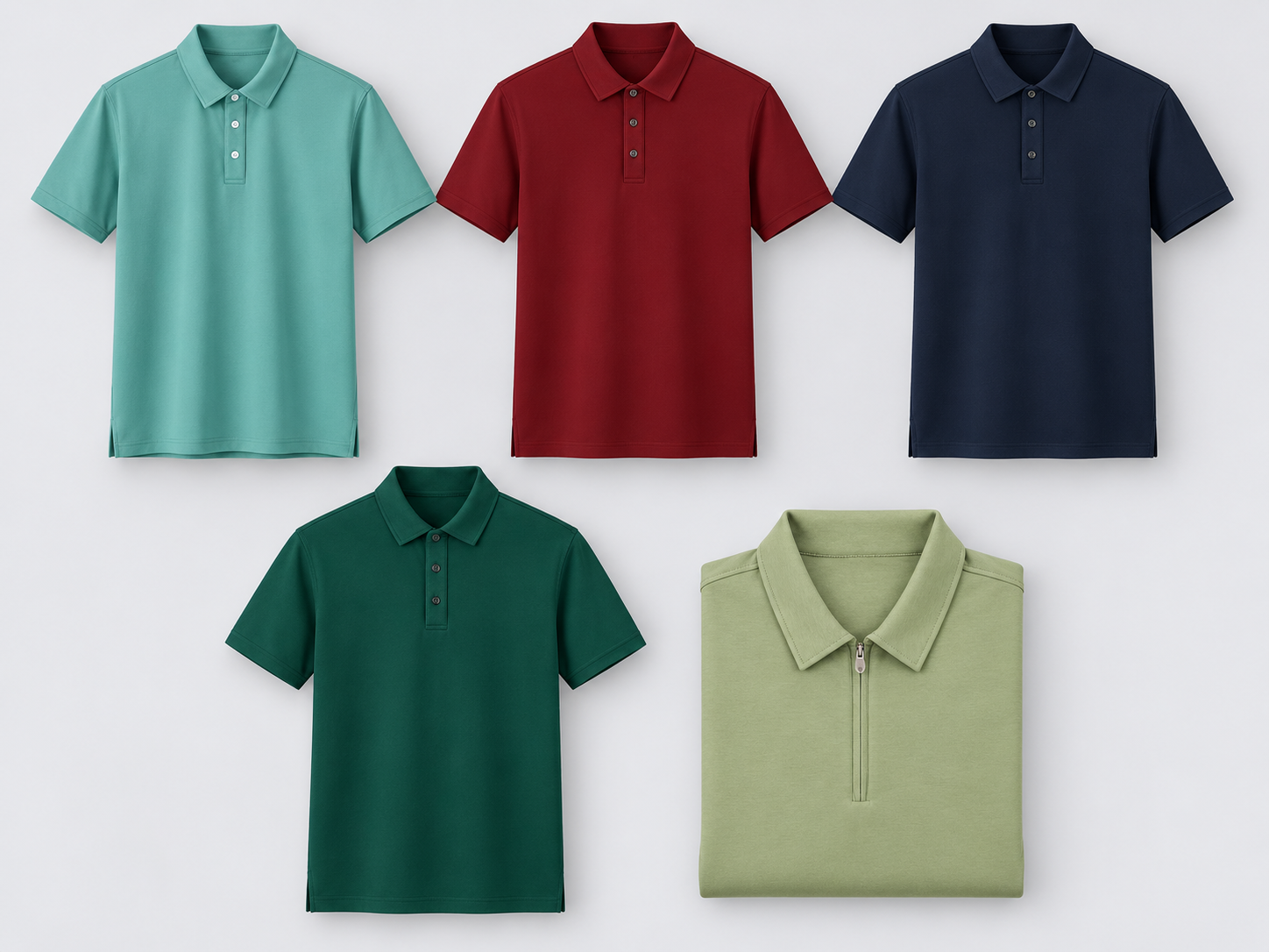 Polo shirts in teal, red, navy and green