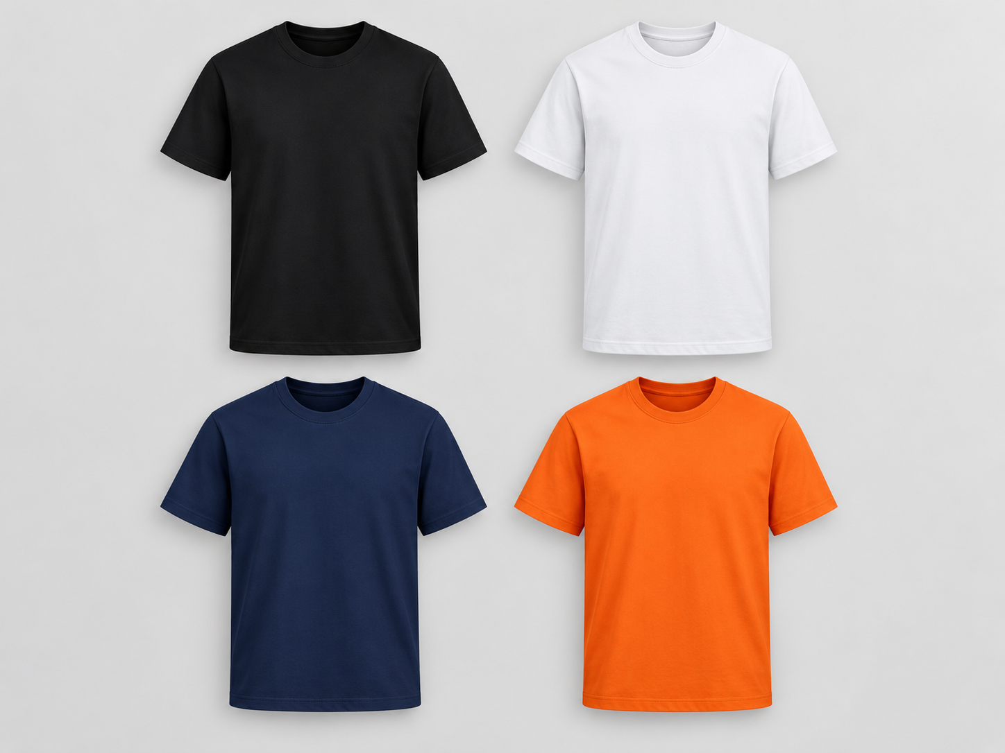 Round-neck T-shirts in black, white, navy and orange
