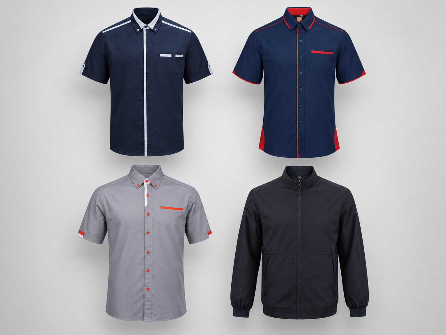 Short-sleeve team shirts and a black zip-up jacket