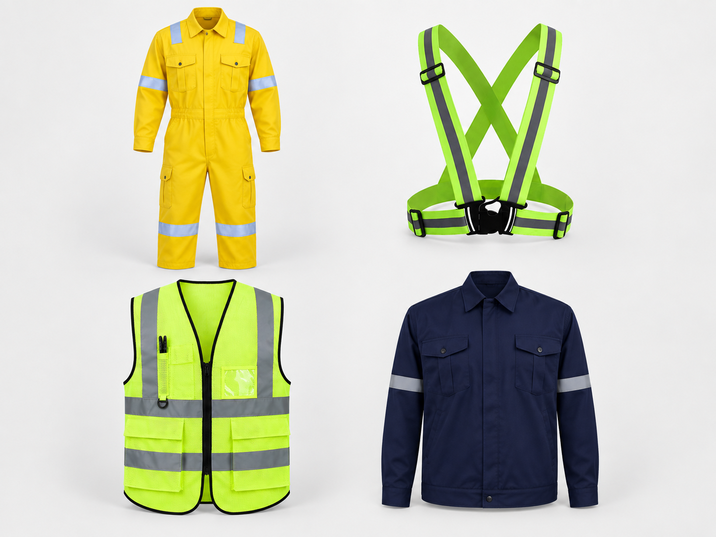 Workwear options including reflective coveralls, vest and jacket