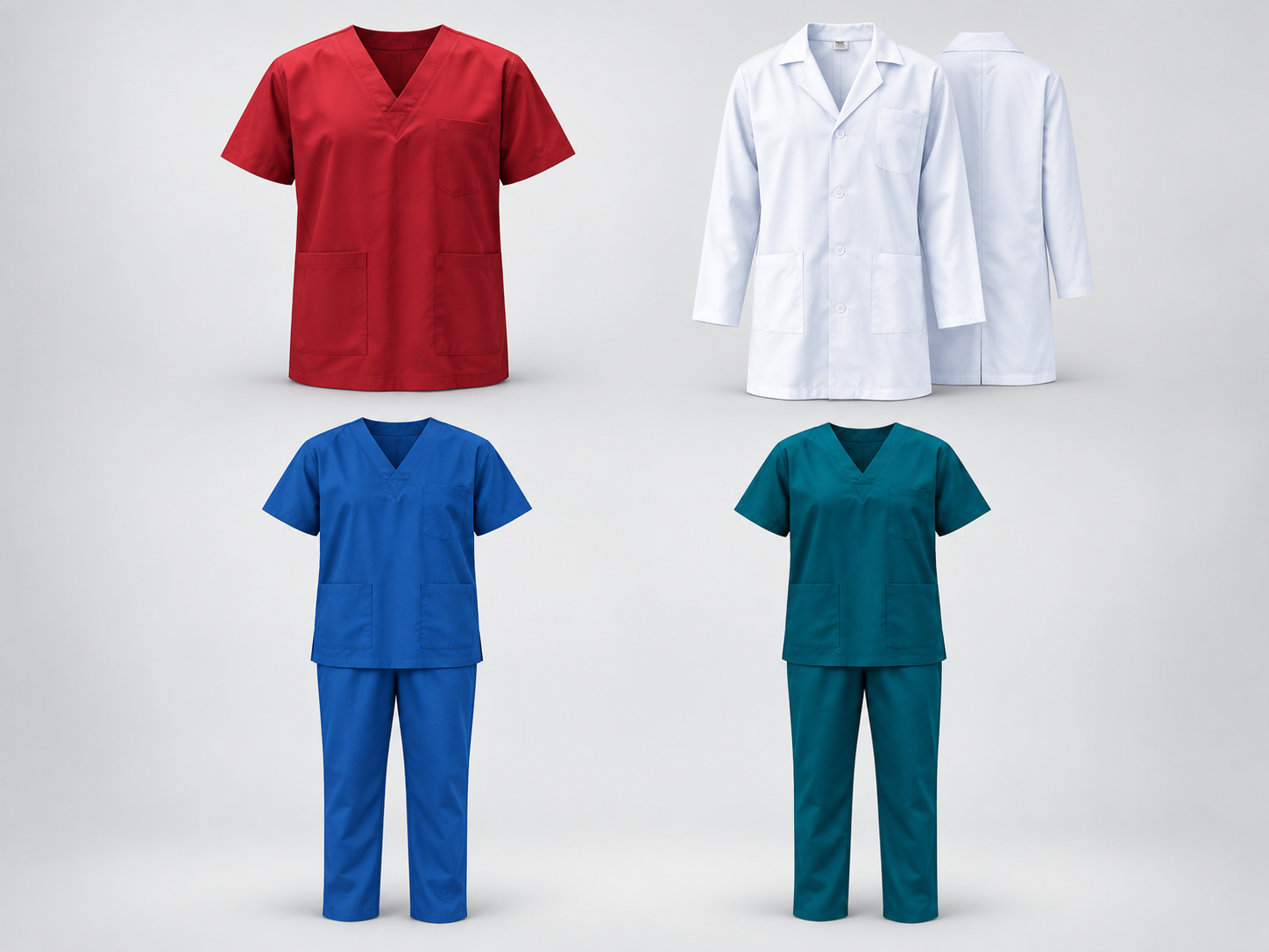 Red, blue and teal scrubs with white lab coats