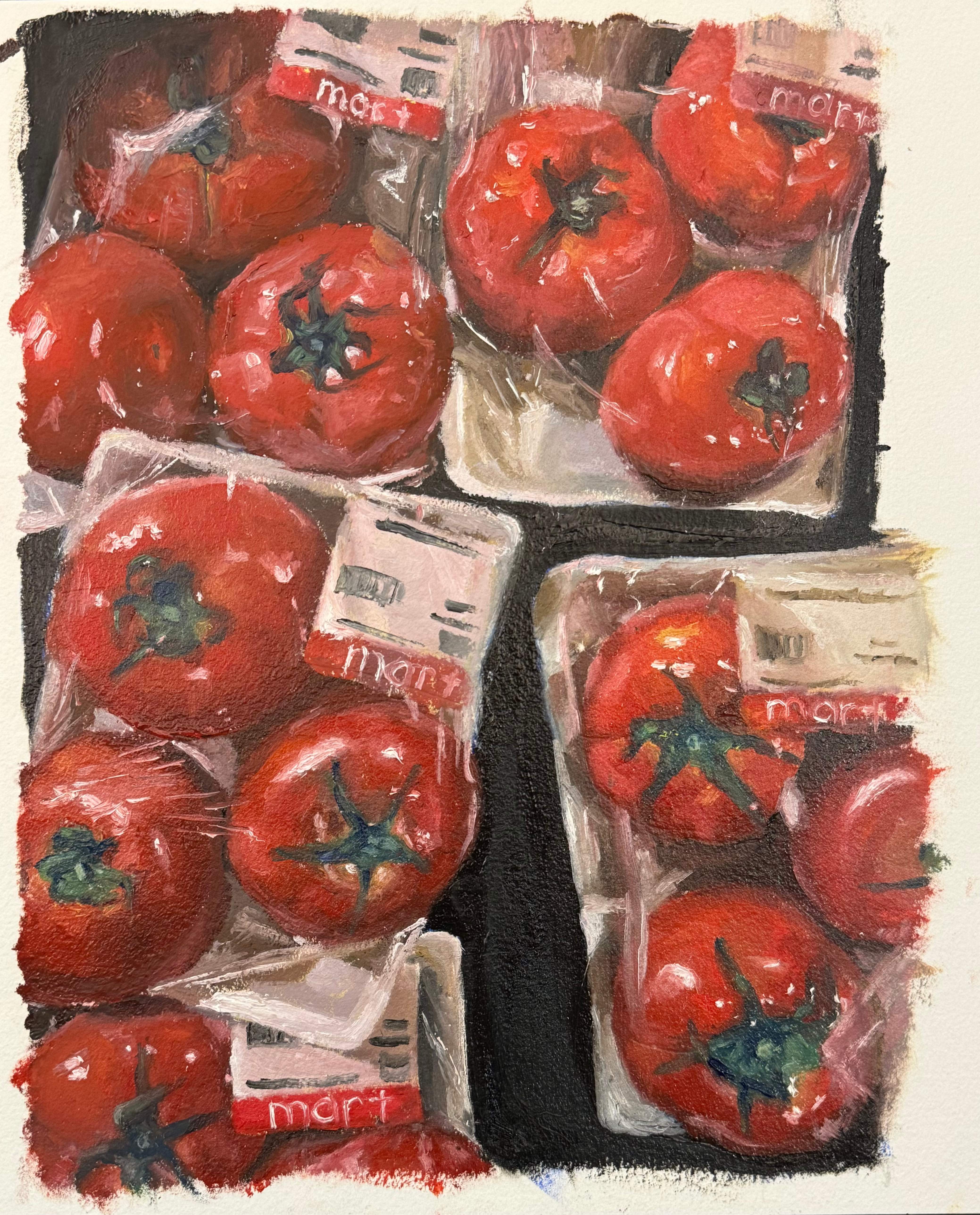 Painting of bright red tomatoes packaged in clear plastic containers with partial price labels visible.