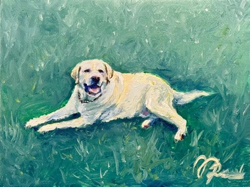 Oil painting of a yellow Labrador retriever lying on green grass with its mouth open, appearing happy.
