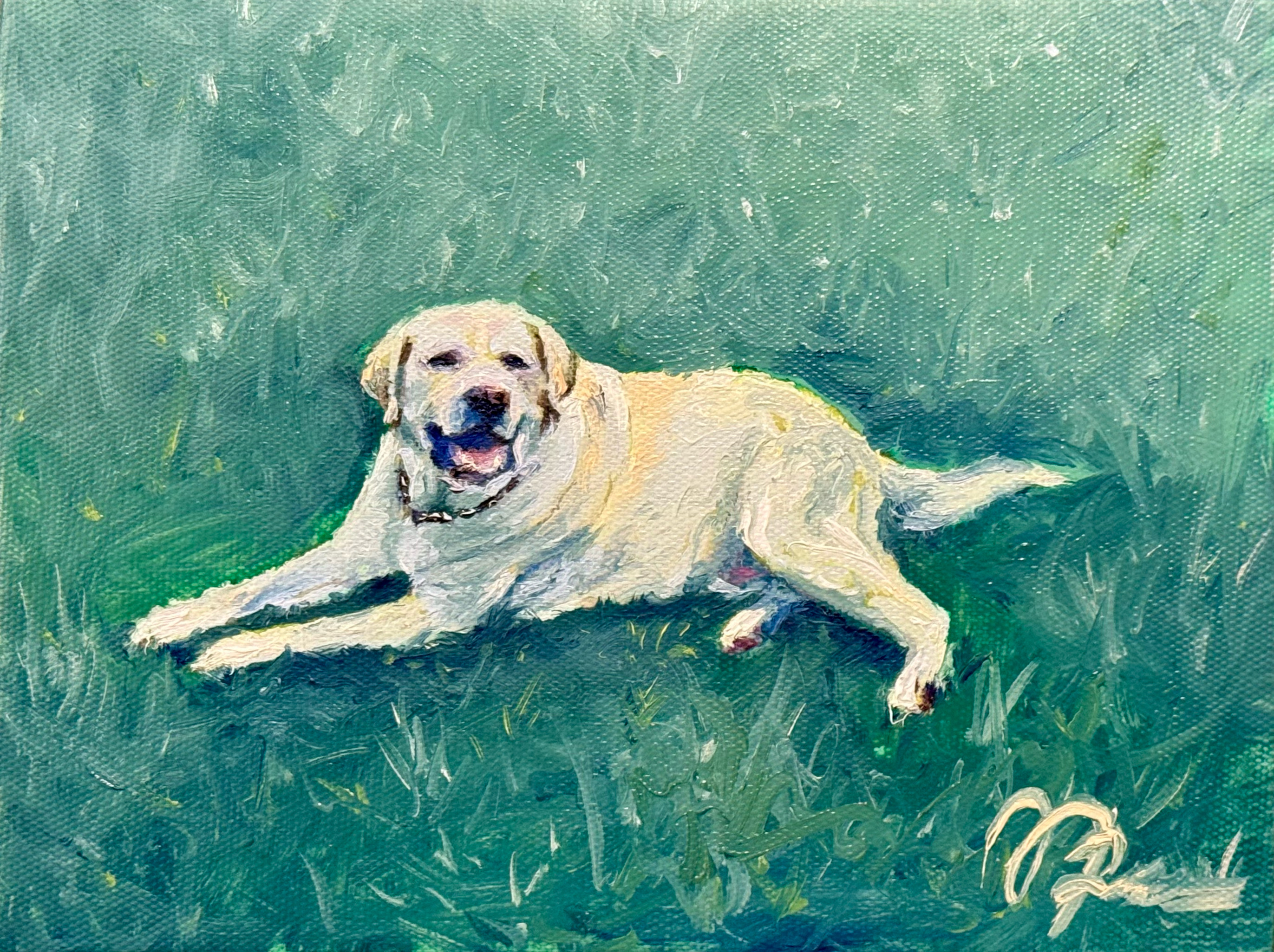 Oil painting of a yellow Labrador retriever lying on green grass with its mouth open, appearing happy.