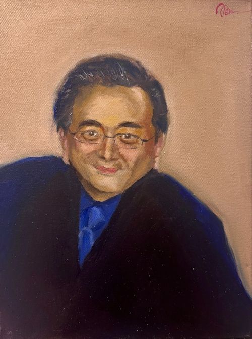 Portrait painting of a man with glasses, dark hair, wearing a dark suit and blue tie against a muted beige background.