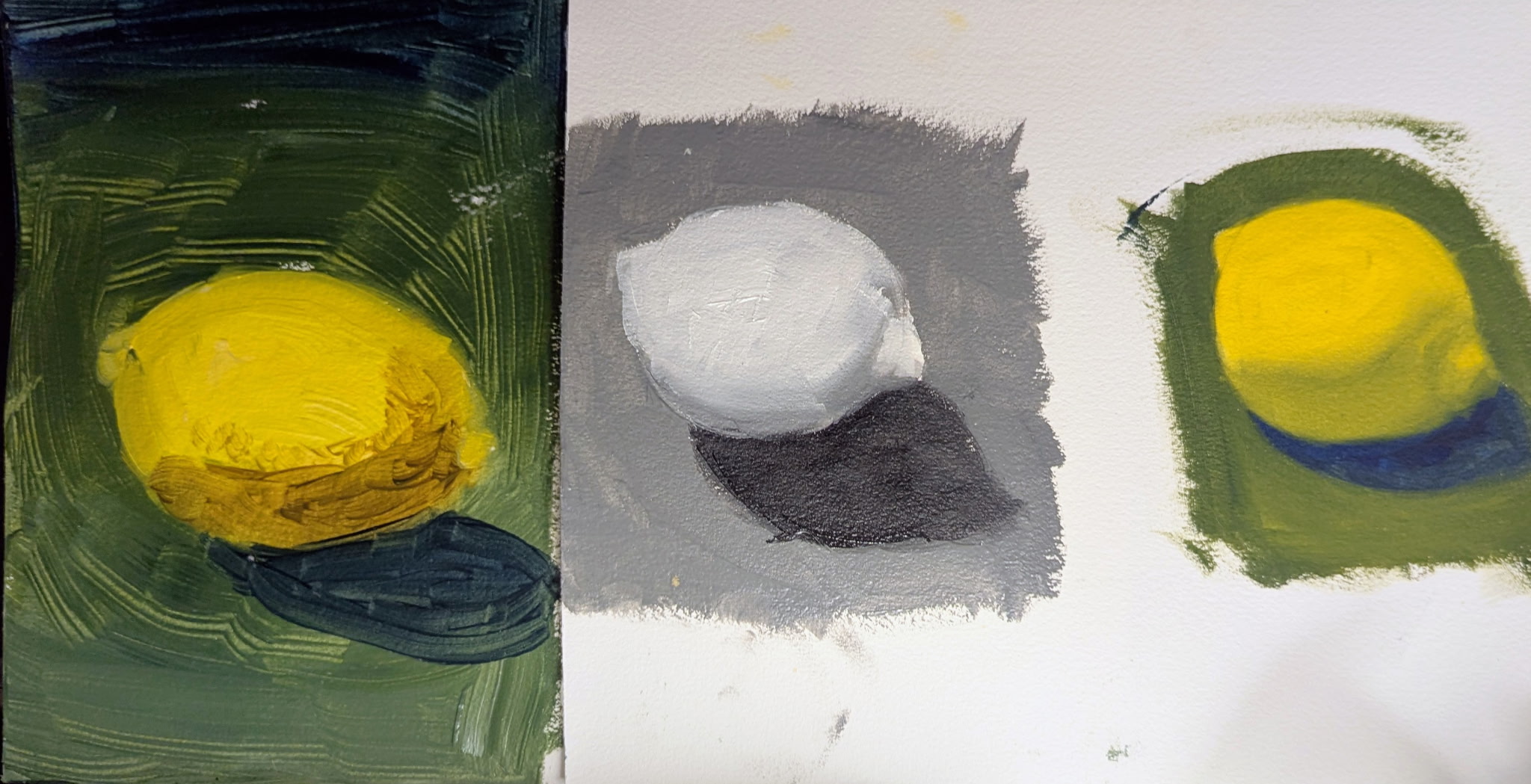 Three painted lemons including two yellow and one white, each with a leaf on various colored backgrounds.