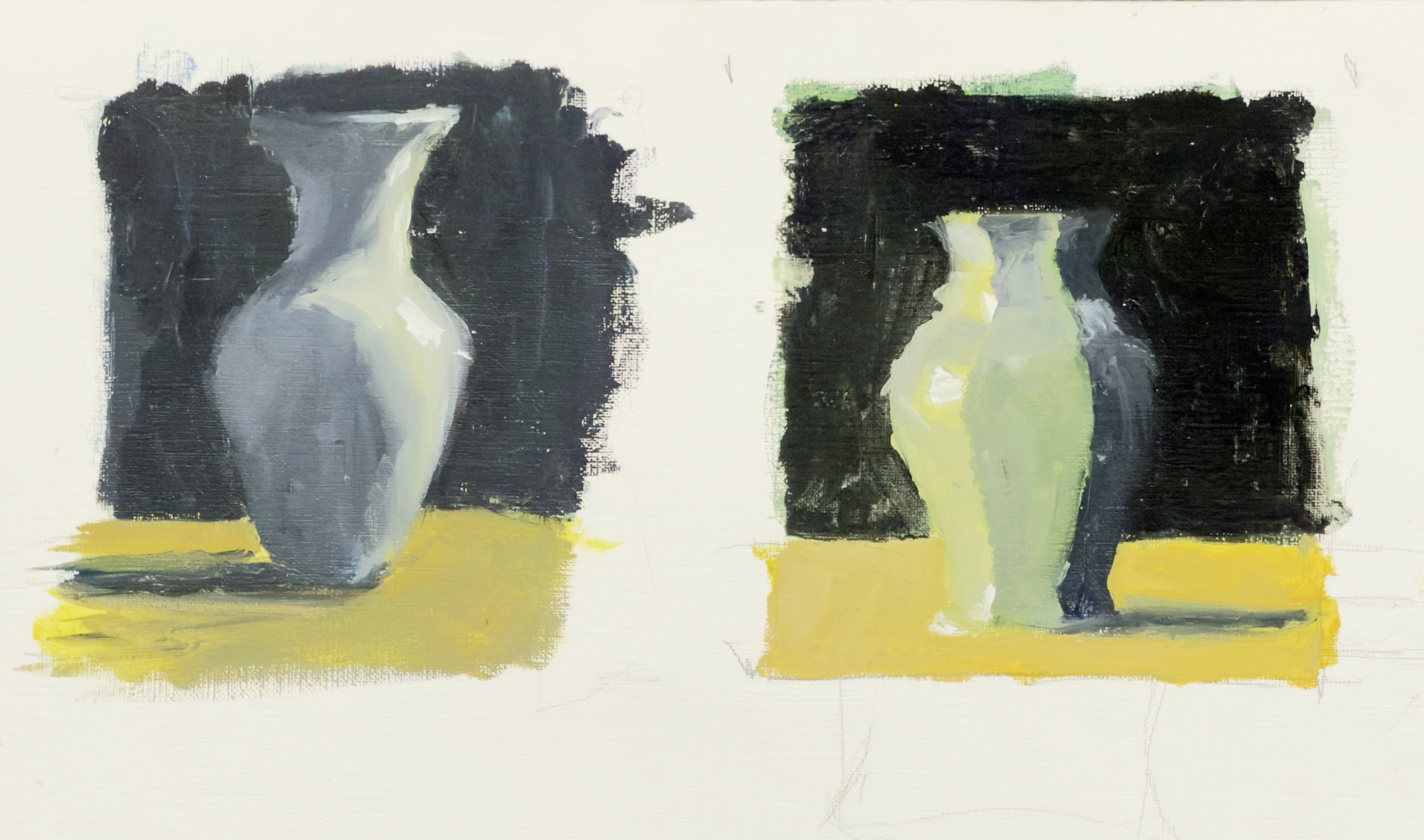 Side-by-side oil paintings of vases on yellow surfaces with black backgrounds, one gray vase on the left and one pale green vase on the right.