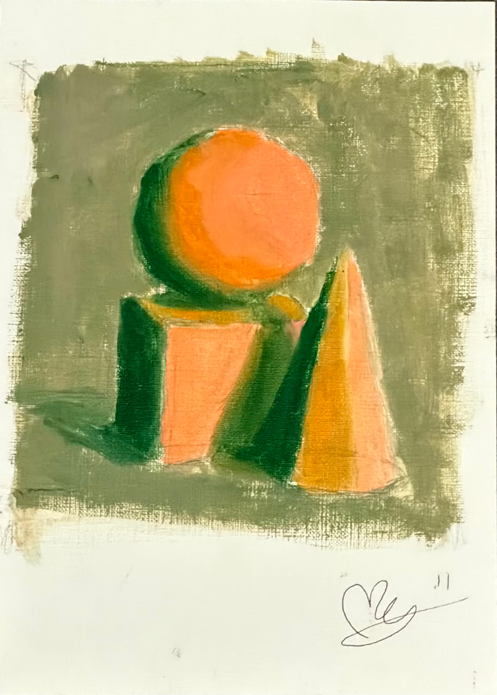Painting of an orange sphere, cube, and cone with green shadows on a textured olive green background.