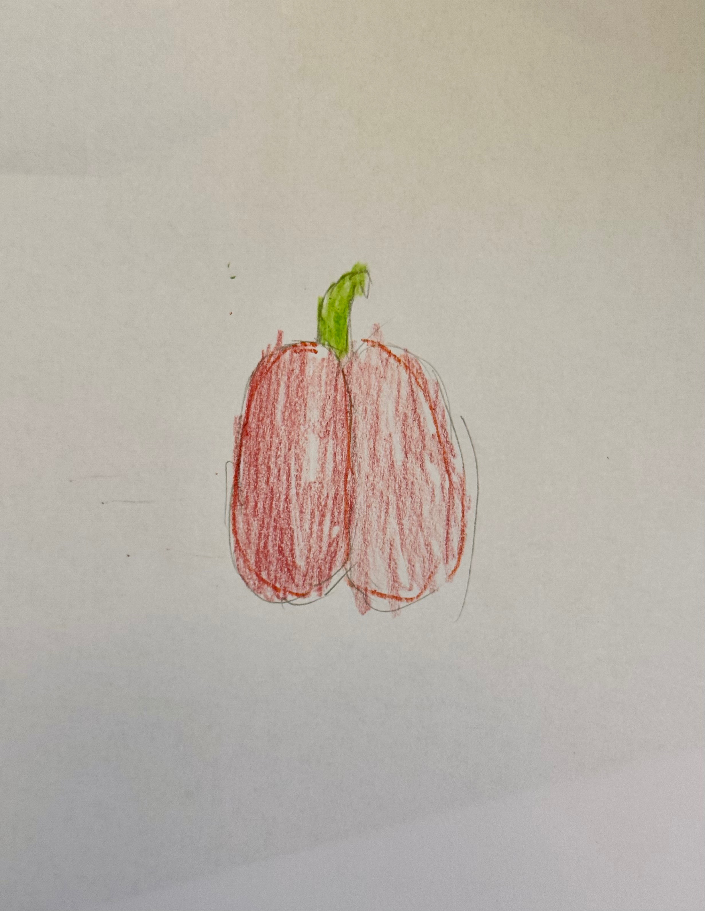 Child’s crayon drawing of a red bell pepper with a green stem on white paper.