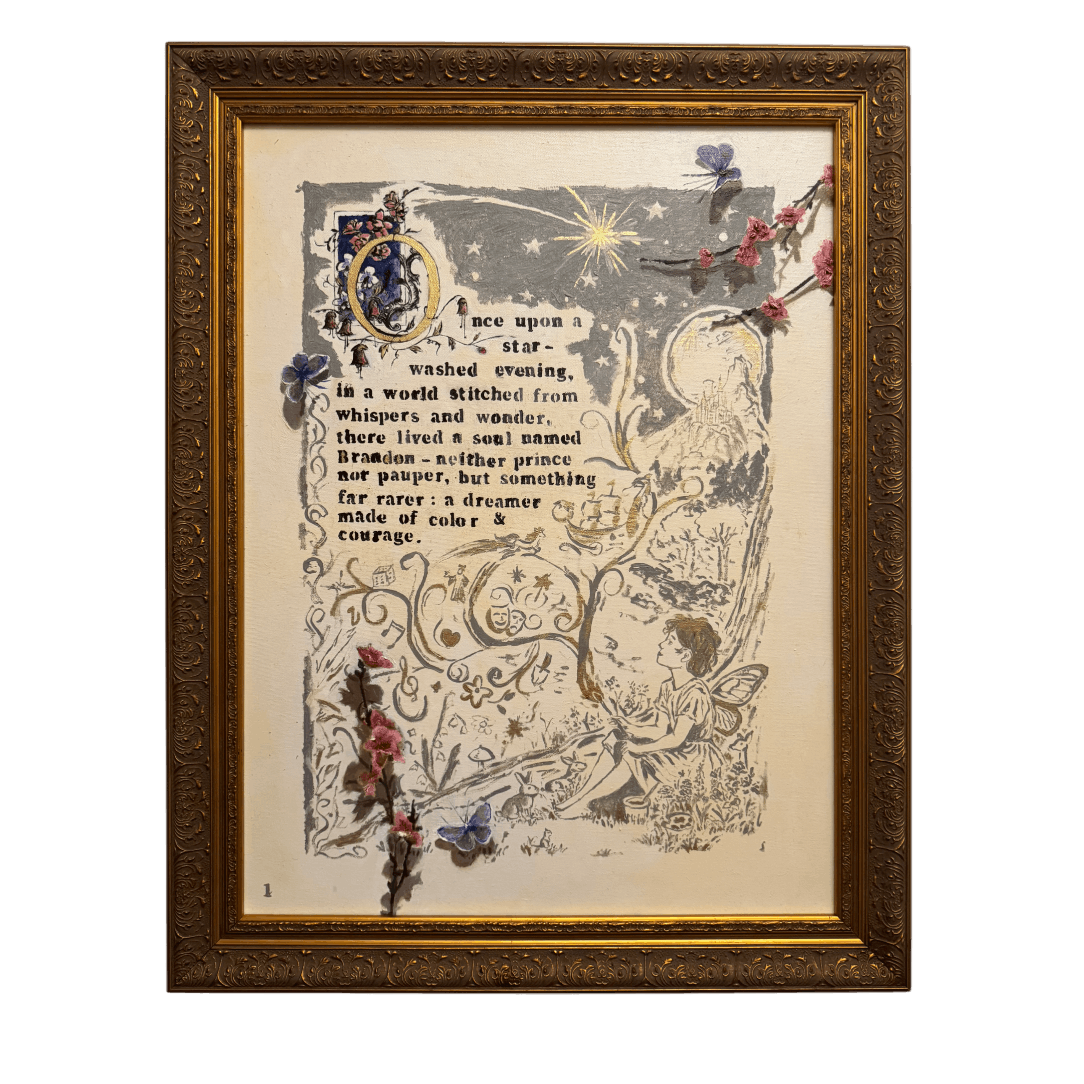 Framed artwork featuring a fairy sitting on the grass surrounded by whimsical drawings, flowers, and butterflies, with text beginning 'Once upon a star-washed evening'.
