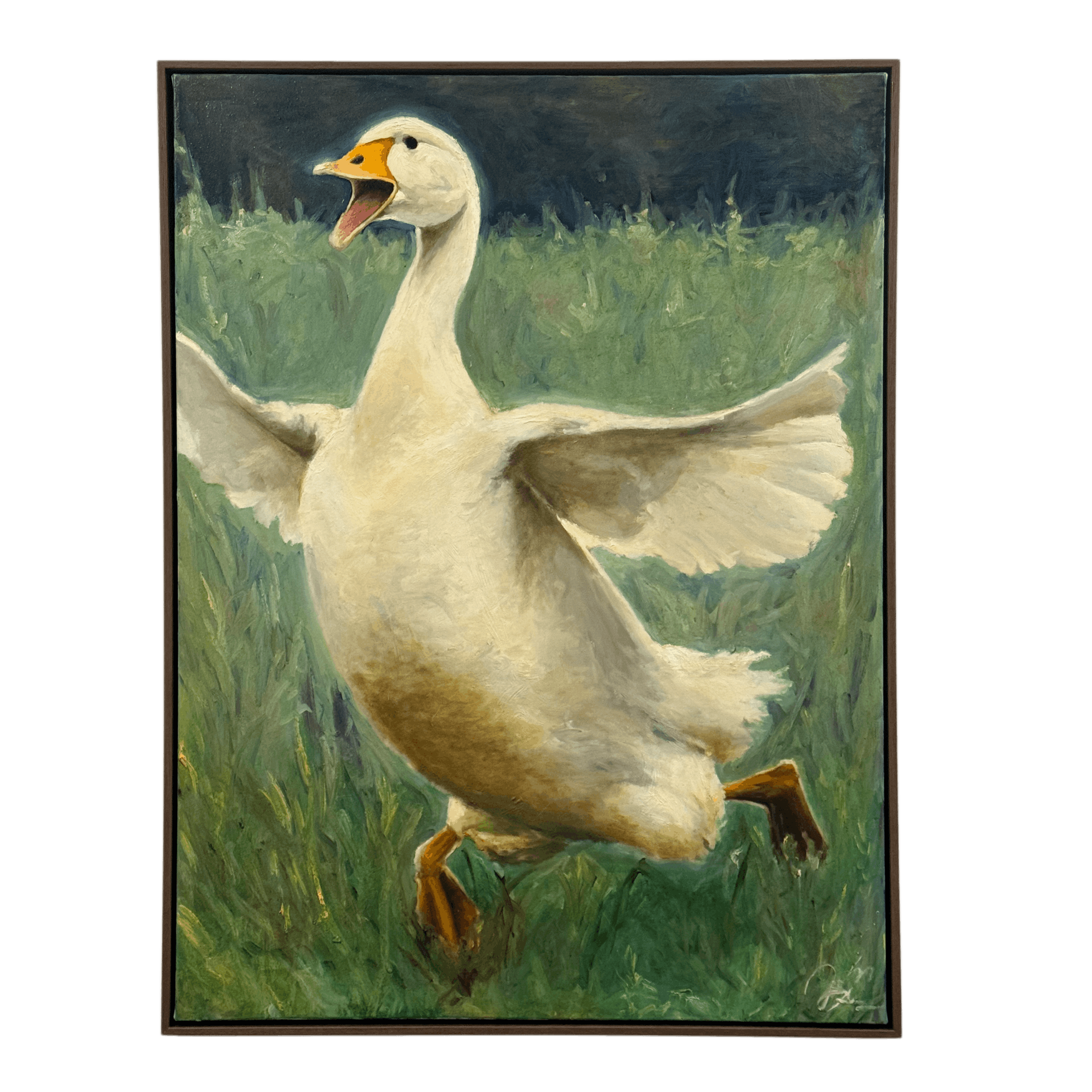 Oil painting of a white duck with wings spread and beak open standing on green grass.