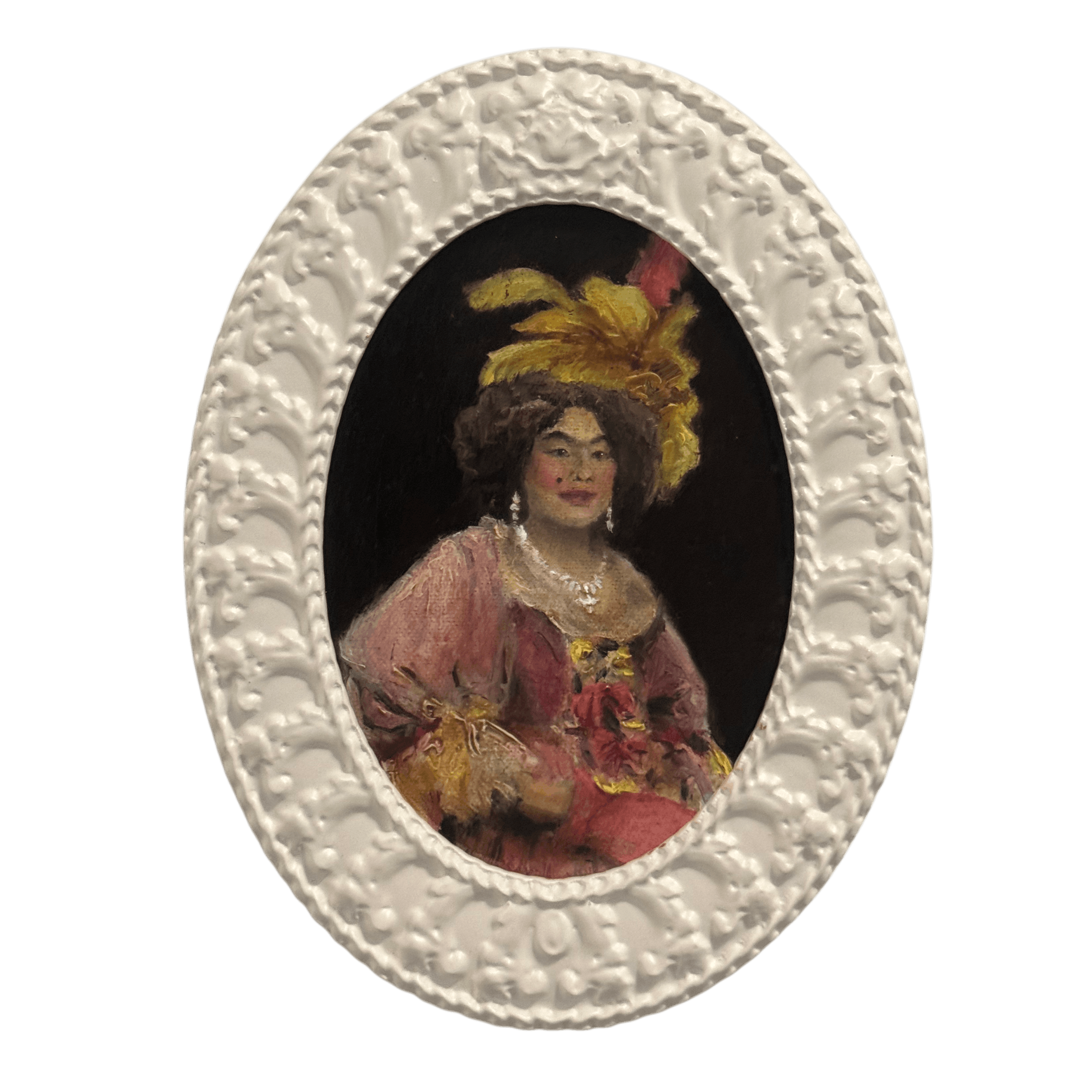 Oval portrait painting of a woman wearing a yellow feathered hat, pearl earrings, and a pink dress with yellow accents, framed by a white ornate frame.