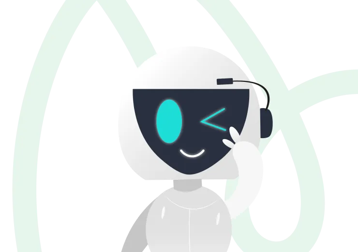 Cartoon robot with a white and gray body, winking and holding two fingers up near its eye, set against a light abstract background.