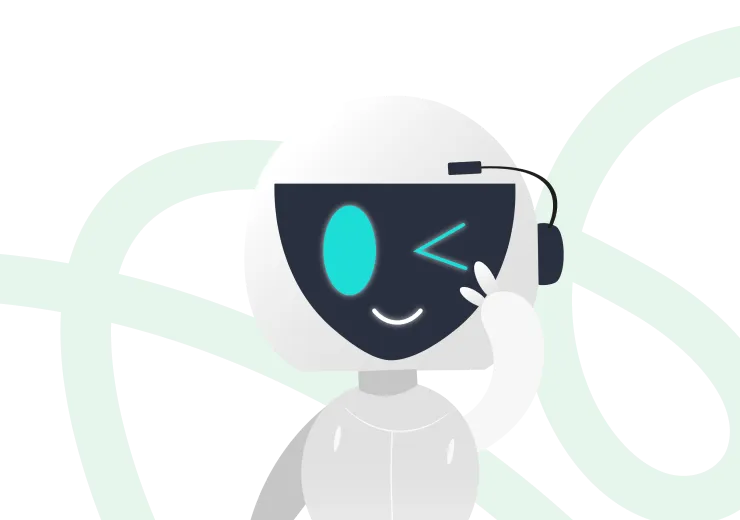 Illustration of a friendly robot winking and waving with a light headset against a white and light green abstract background.