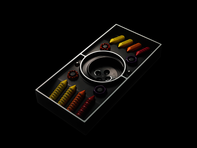 Vintage tabletop shuffleboard game with colored scoring pegs and a round metal puck holder in a black tray.