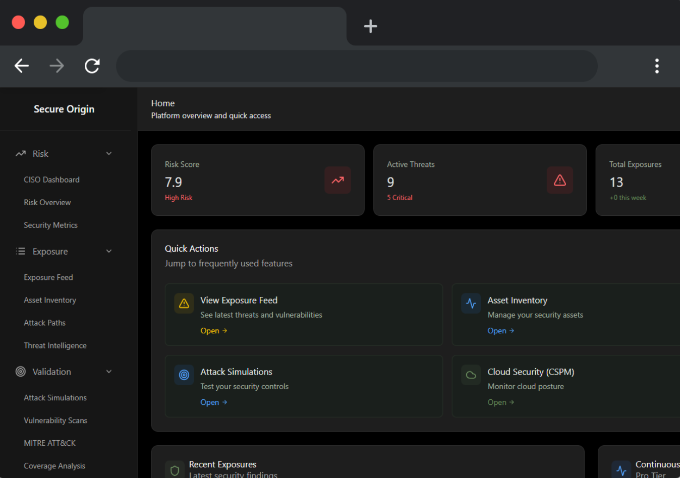 Cybersecurity dashboard showing risk score of 7.9 labeled high risk, 9 active threats with 5 critical, and 13 total exposures; includes quick actions for exposure feed, asset inventory, attack simulations, and cloud security.