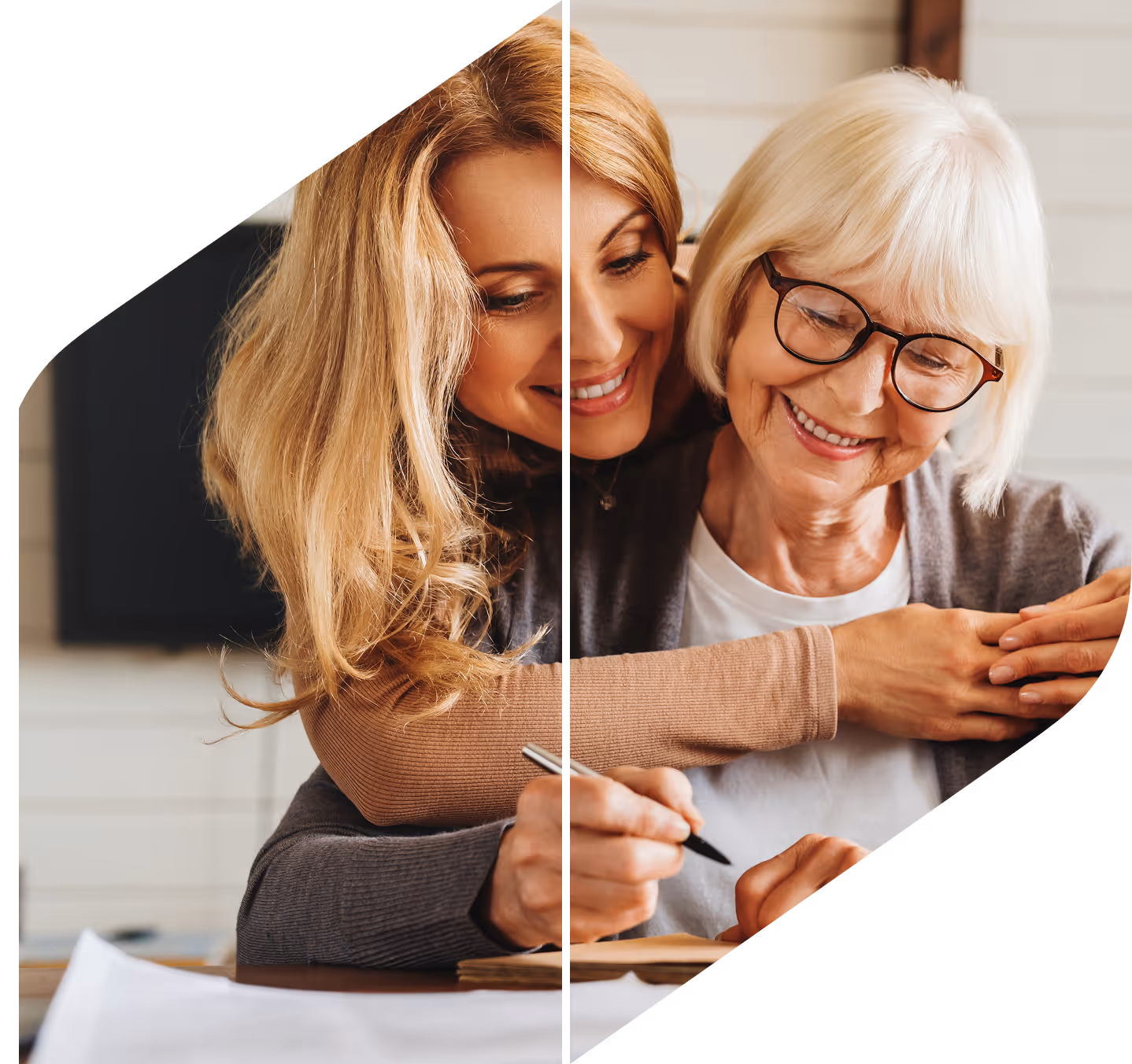 Adult daughter helping her mother review documents as part of thoughtful financial planning.