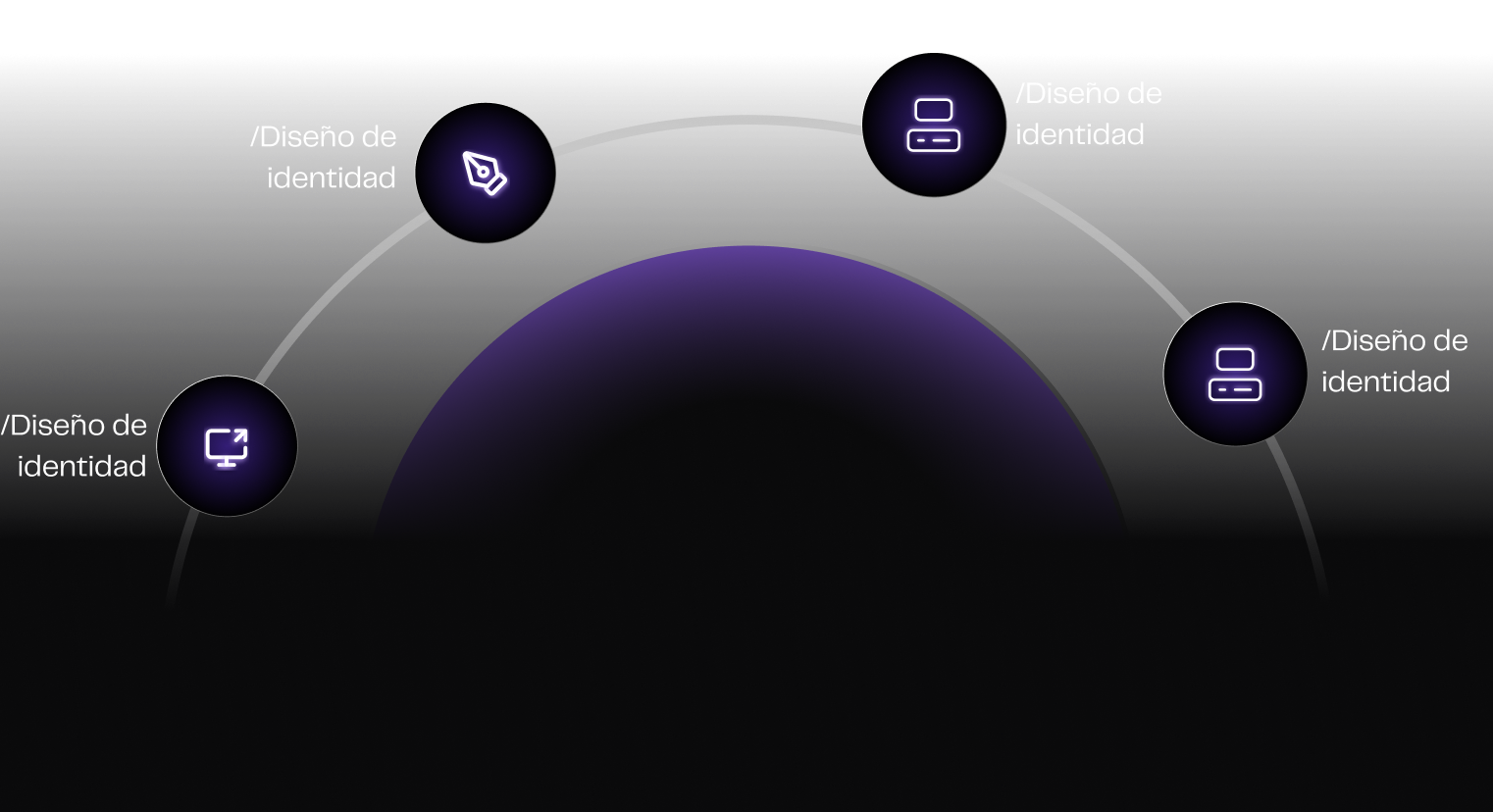 Iconos digitales morados en un fondo negro dispuestos en círculo con un ícono central que parece un dispositivo de almacenamiento.