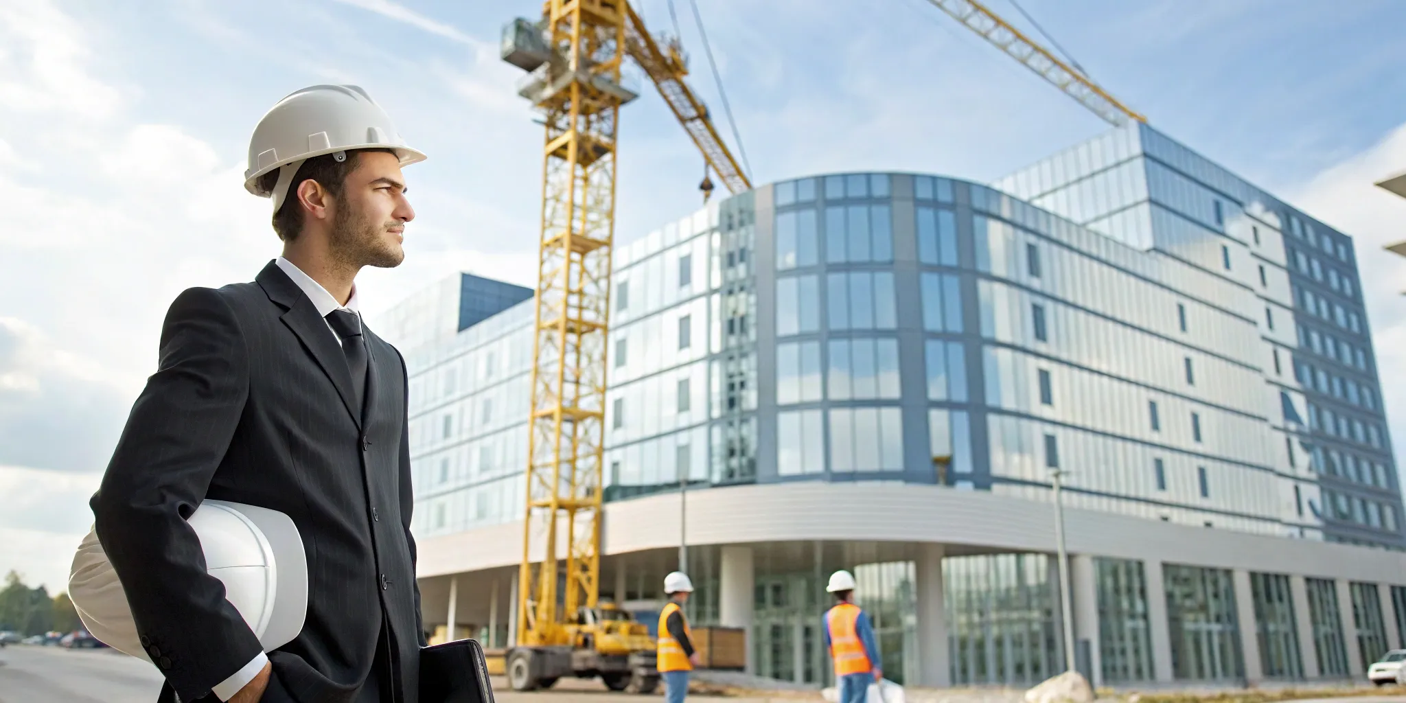 A hotel construction project site with a manager in a hard hat and a crane working on the new building.