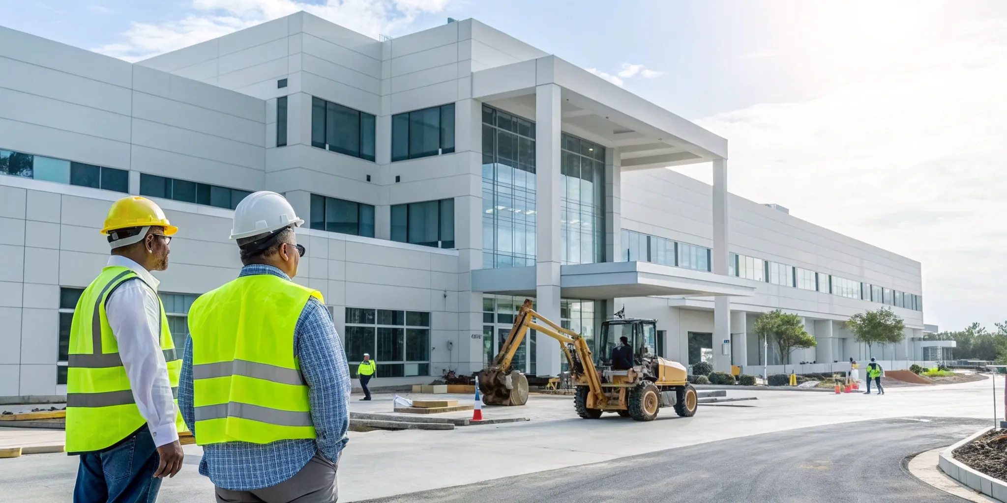 A modern healthcare construction project with workers building a new medical facility.