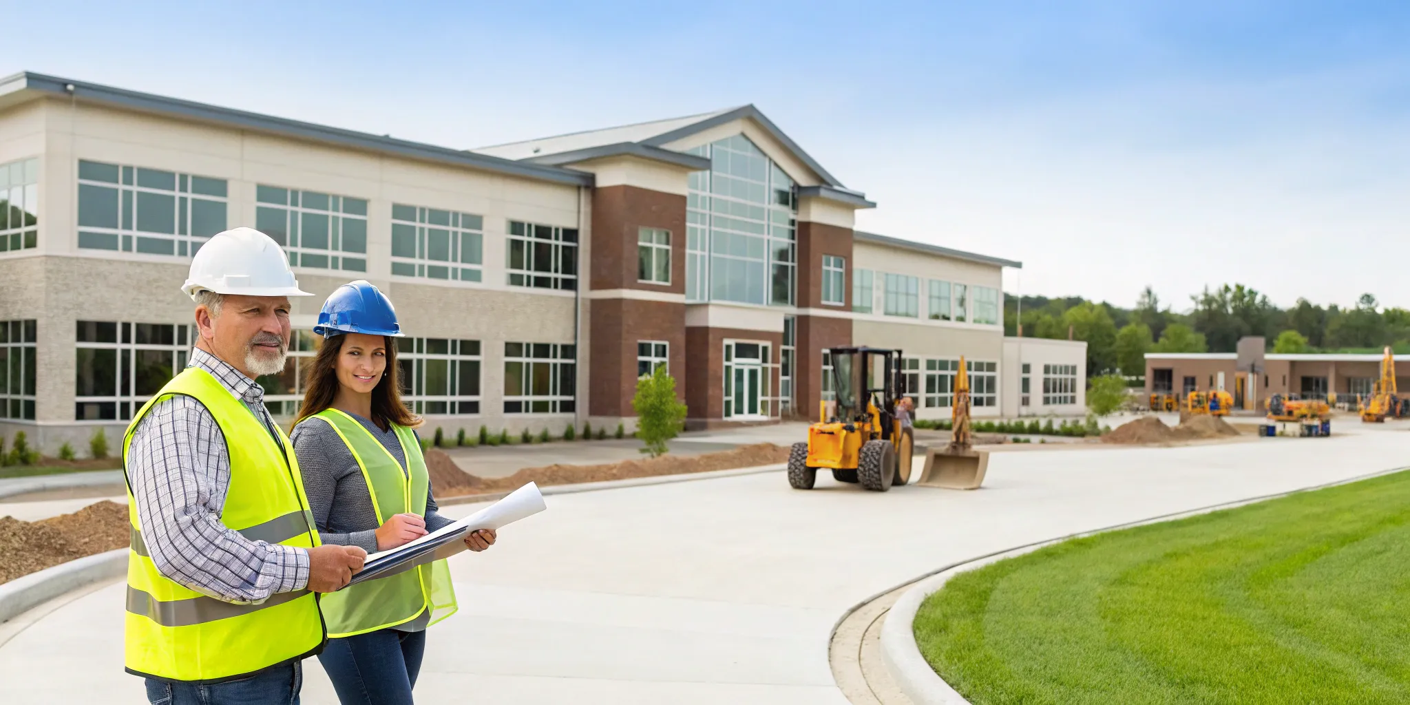 Construction workers planning an education project outside a modern school.