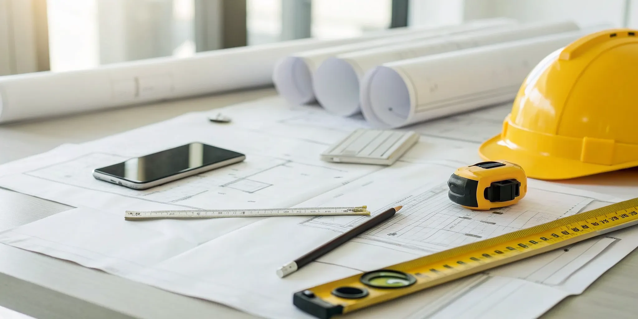 Blueprints, a hard hat, and a smartphone on a desk for general contractor lead generation.