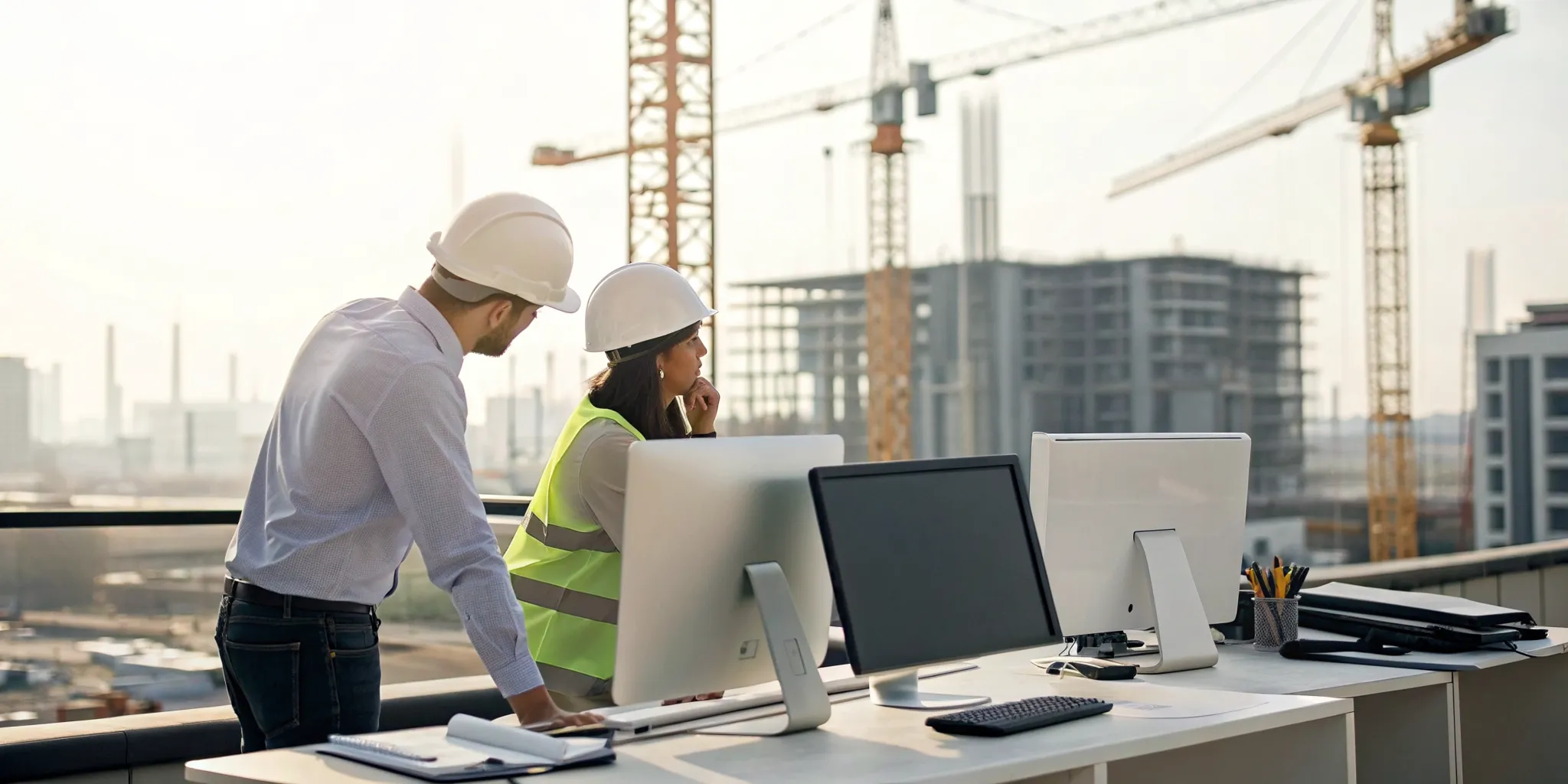 Construction professionals using a permits database on a computer at a building site.