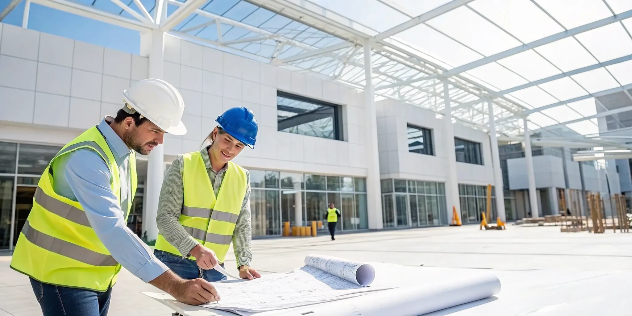 Workers planning a retail construction project by reviewing blueprints.