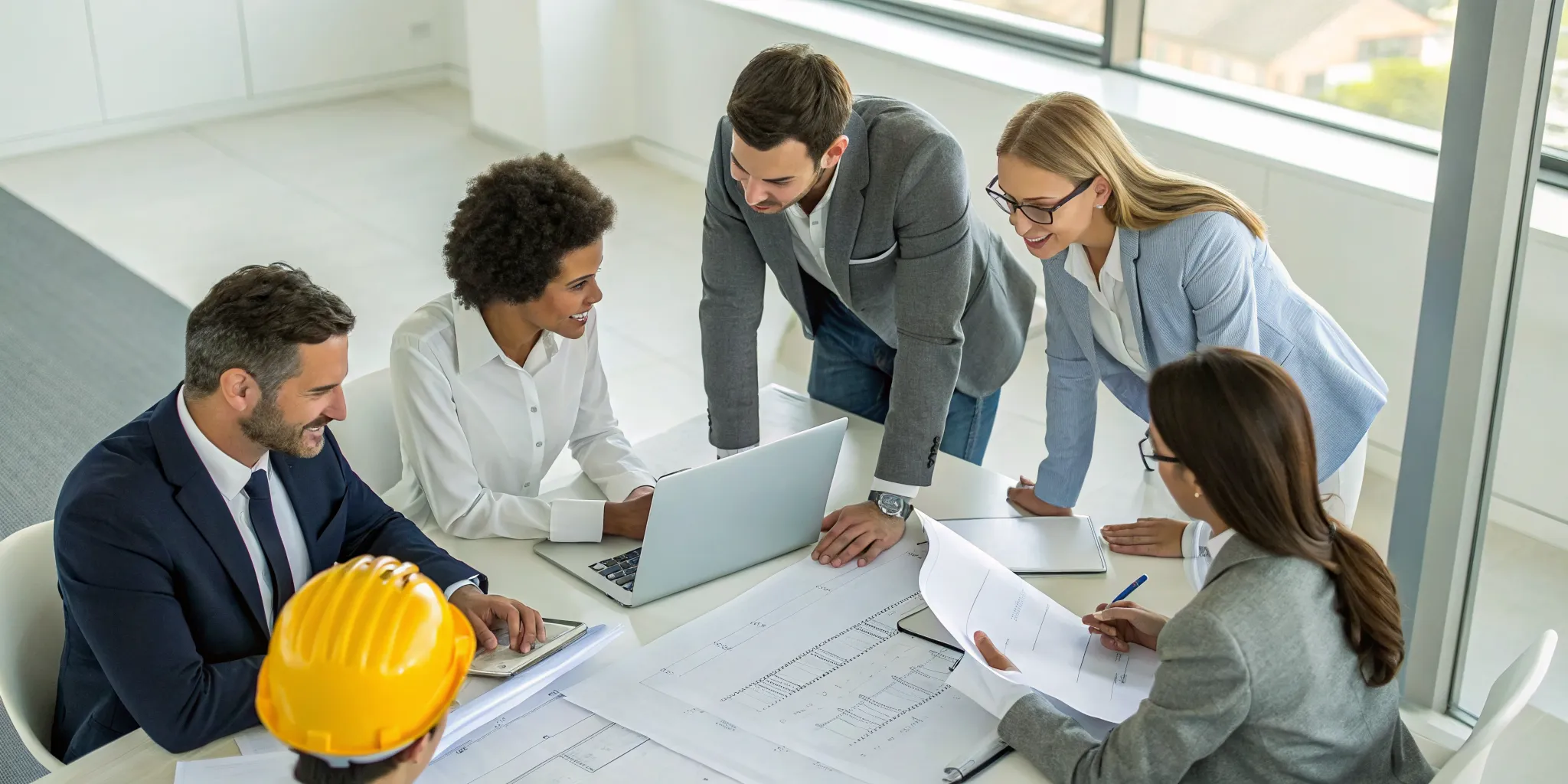 Project stakeholders collaborating on plans to guide a successful project.