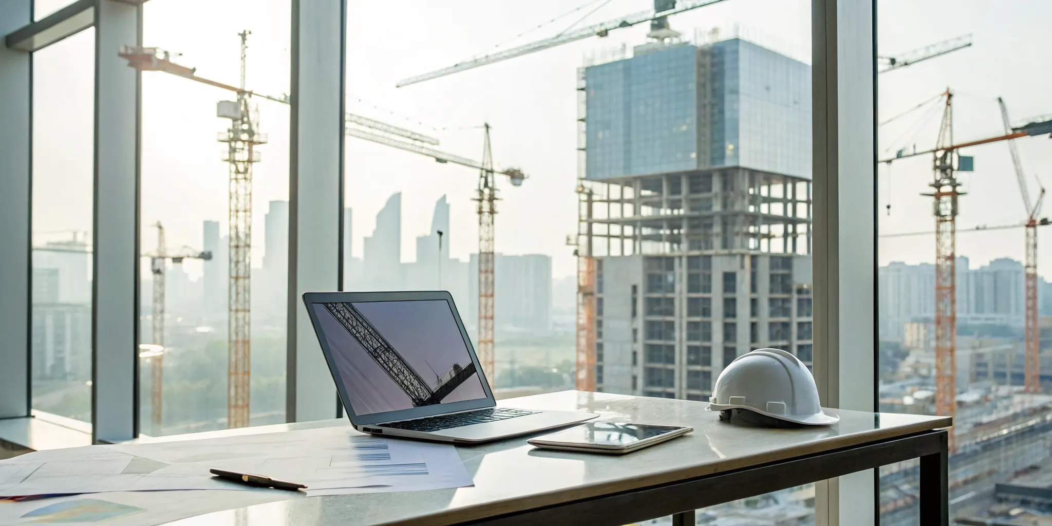 A laptop open to a construction project database on an office desk overlooking a building project.