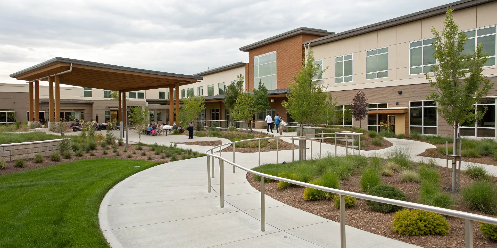Modern senior living construction project with accessible walkways and landscaped community spaces.