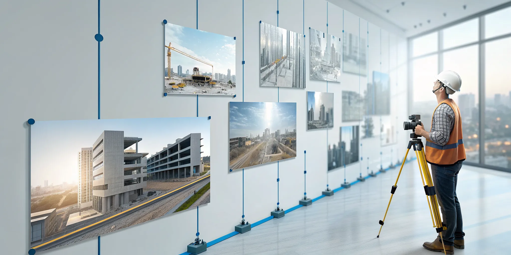 A manager planning the key stages of an office construction project with photos.