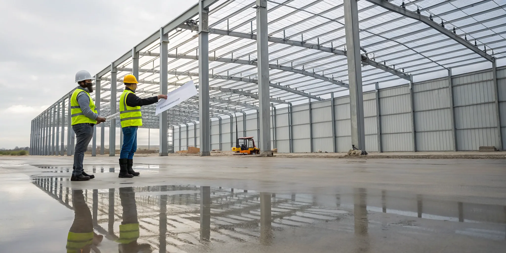 Workers review blueprints for a steel frame warehouse construction project.