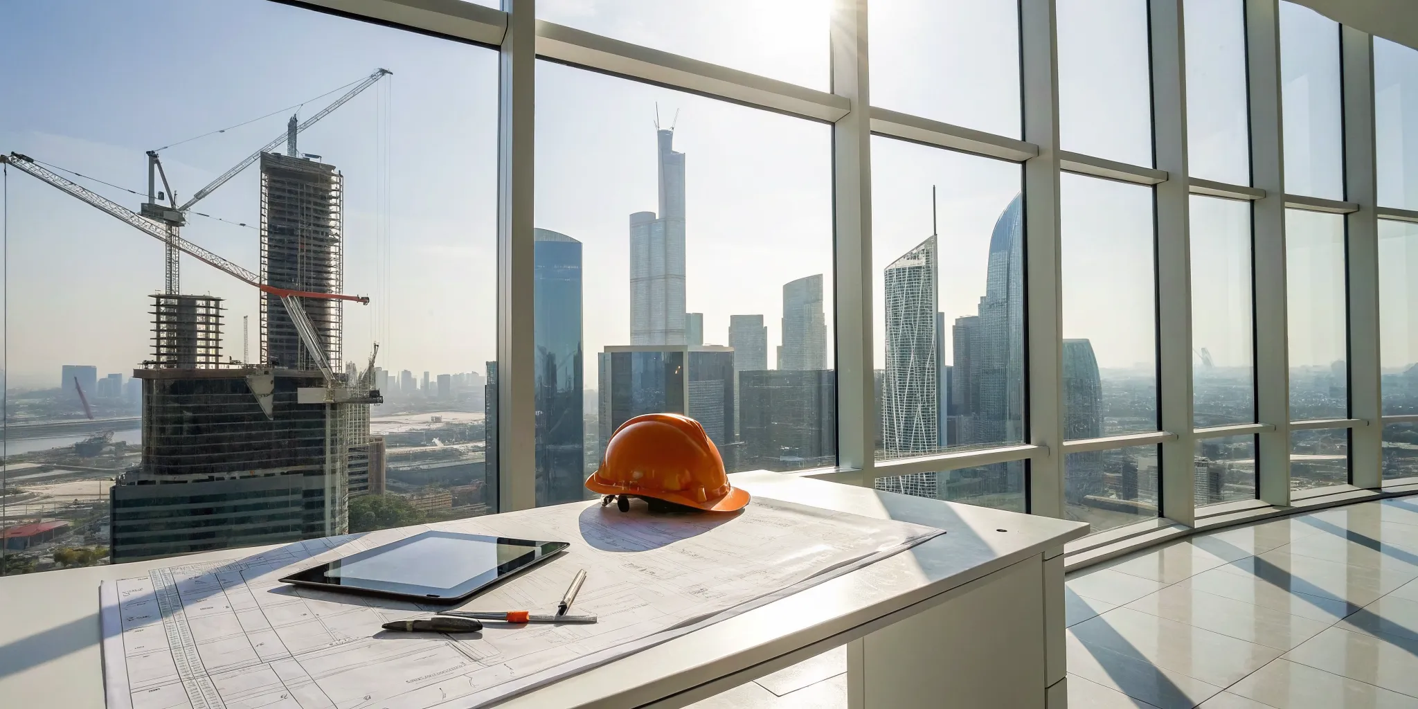 Finding commercial construction leads on a tablet with blueprints and a hard hat in an office.