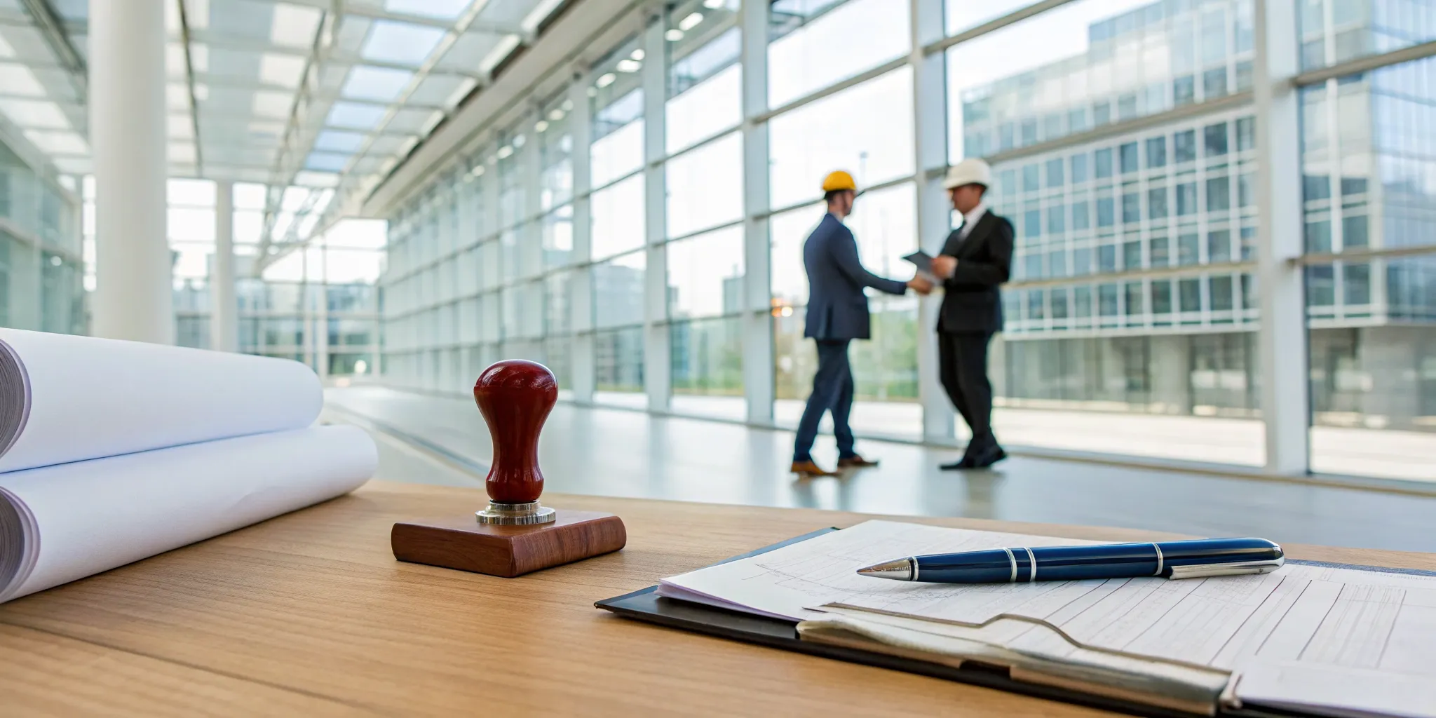 Contractors discussing the building permitting activity process with project plans and documents on a desk.