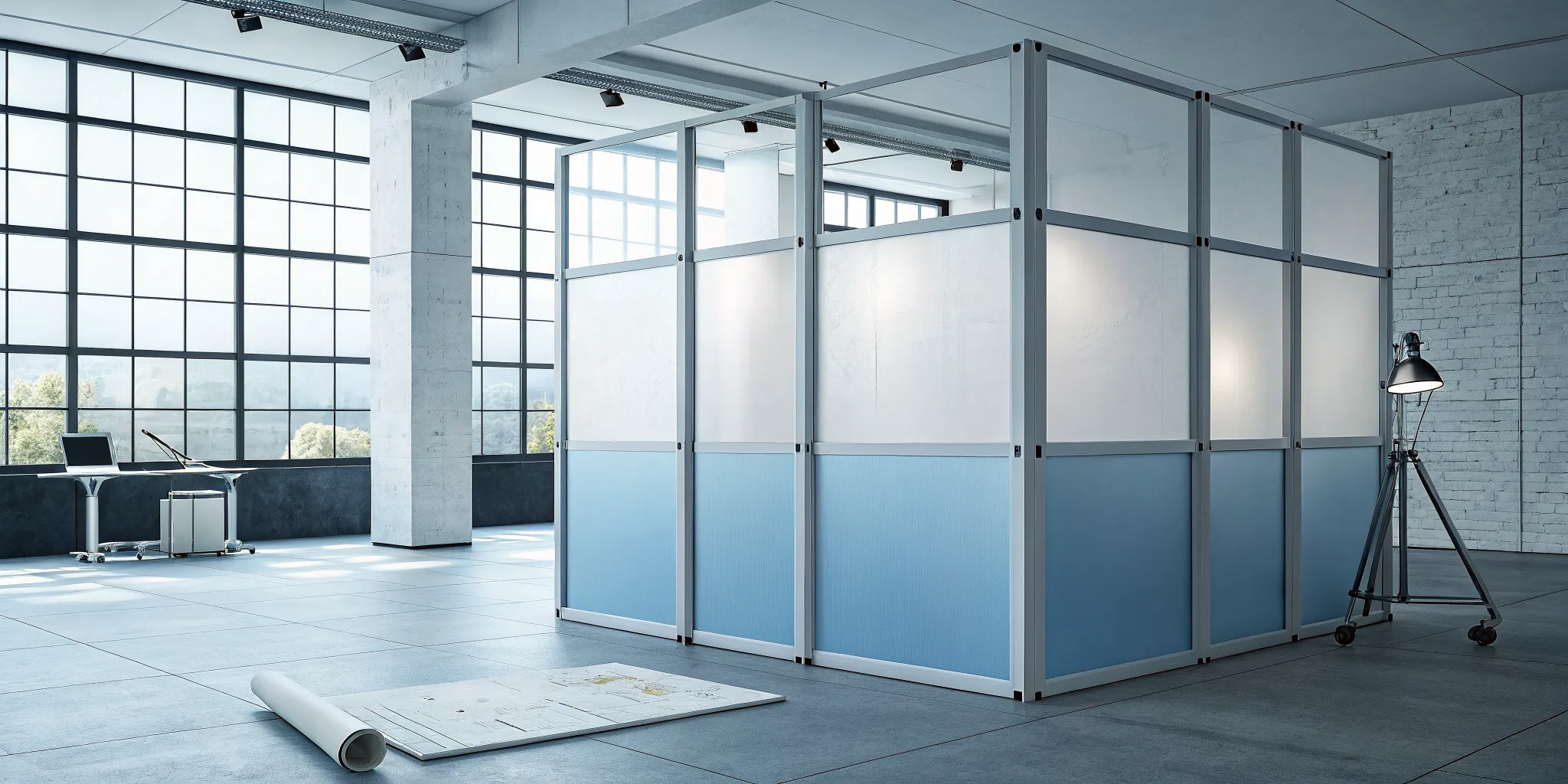 Site development plans on an office floor during the project planning activity.