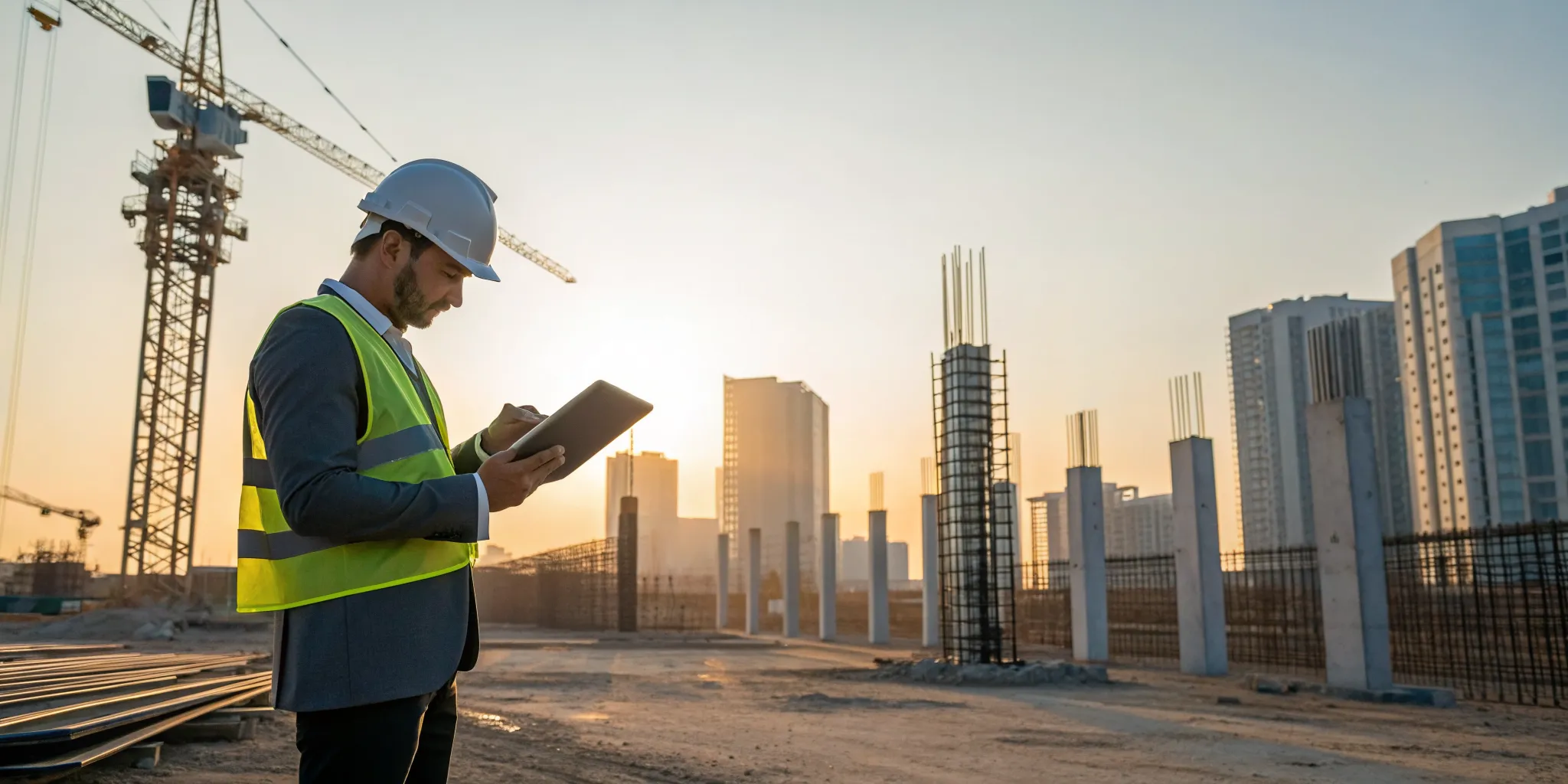 Construction manager using a tablet for project intelligence on a job site.